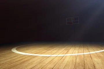 Gardinen Basketball court with wooden floor and a basketball hoop © Leo Lintang