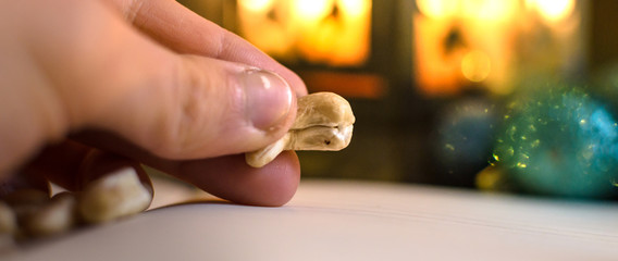 Close-up nuts in the New Year and Christmas holidays, cozy and bright photo of food