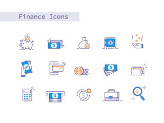Finance Icons Set. Currency, Dollars, Money Save and other Business Metaphor. Online Banking and Payment Symbols. Financial Signs Collection. Flat Line Cartoon Vector Illustration.