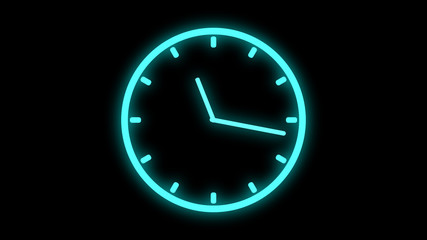 Fast moving clock Neon bright glowing spinning animation 3D rendering