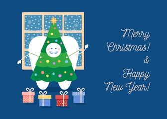 Tooth is dressing in Christmas Tree costume. Christmas greeting card from a dentist.