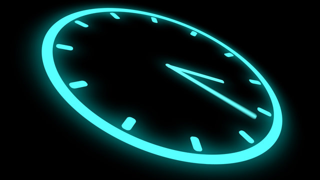 Fast Moving Clock Neon Bright Glowing Spinning Animation 3D Rendering