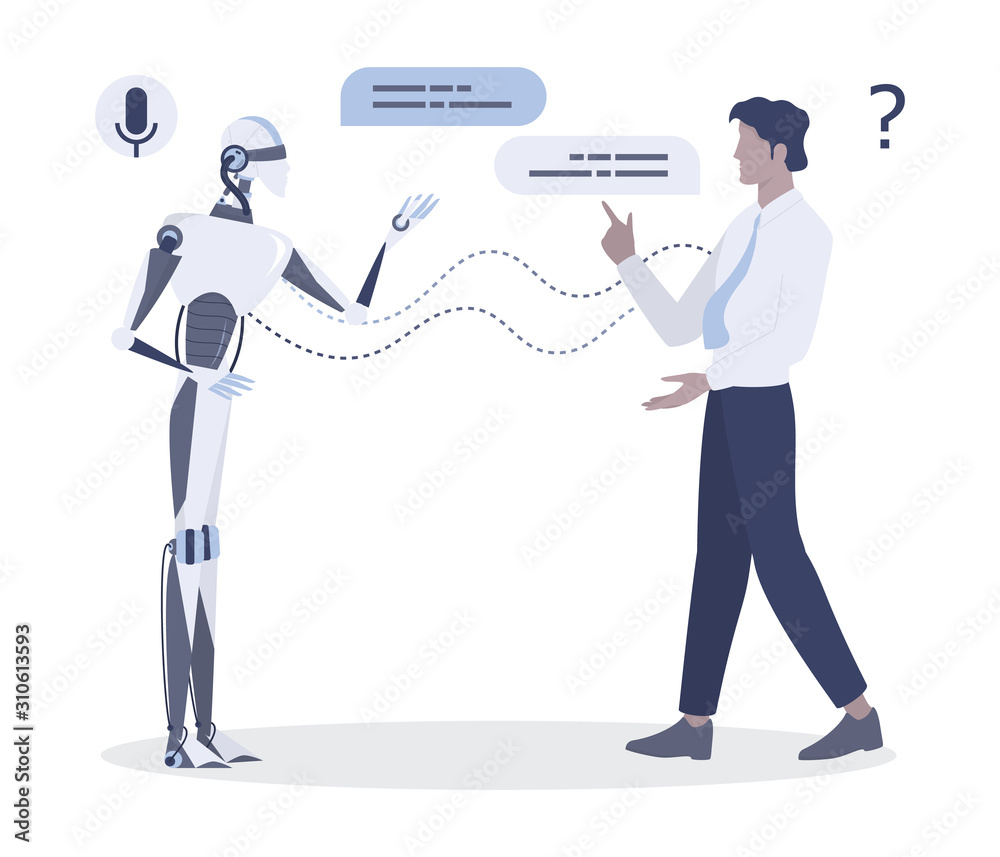 Poster man talking to robot. conversation between man and artificial intelligence