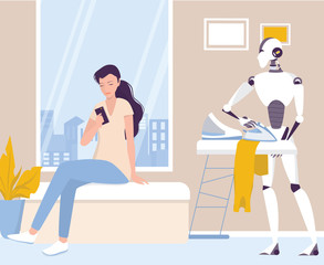 Robot doing housework. Robotic housekeeping. Robot ironing cothes.