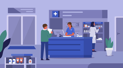 Fototapeta na wymiar People Characters in Drugstore. Medical Staff Working in Pharmaceutical Industry. Doctor Pharmacist Consulting Patient in Pharmacy Store. Man Holding Prescription. Flat Cartoon Vector Illustration. 