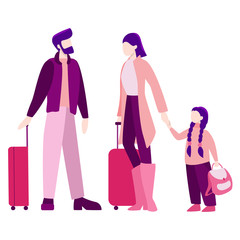 Vector illustration of tourist with laggage and handbag.