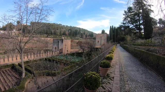 POV video of Generalife gardens in the Alhambra Palace. Granada, Andalusia, Spain. 4K shot.
