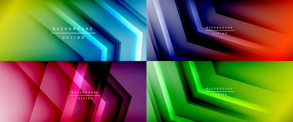 Set of arrow lines, technology digital templates with shadows and lights on gradient backgrounds. Trendy simple fluid color gradient abstract backgrounds with dynamic straight shadow lines effect