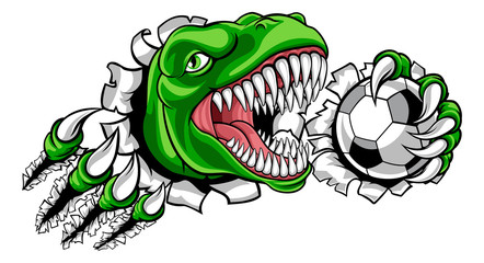 A dinosaur T Rex or raptor soccer football player cartoon animal sports mascot holding a ball in its claw - obrazy, fototapety, plakaty