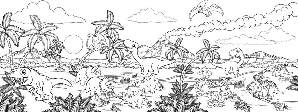 A dinosaur cartoon cute animal background prehistoric landscape coloring outline scene.