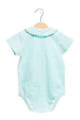 blue baby clothes bodysuit back view in clothes hanger, isolated on white background.