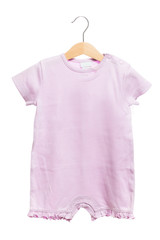pink baby clothes bodysuit front view in clothes hanger, isolated on white background.