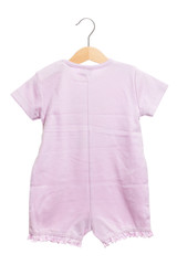 pink baby clothes bodysuit back view in clothes hanger, isolated on white background.