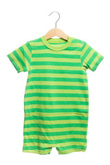Striped green shirt baby clothes bodysuit front view in clothes hanger, isolated on white background.