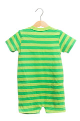 Striped green shirt baby clothes bodysuit back view in clothes hanger, isolated on white background.