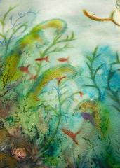 Aquarelle d'un fond marin, algues et petits poissons