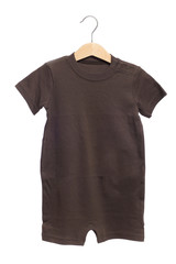 baby clothes bodysuit front view in clothes hanger brown color, isolated on white background.