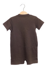 baby clothes bodysuit back view in clothes hanger brown color, isolated on white background.