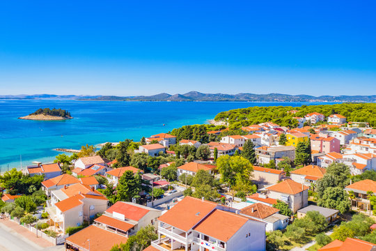 Adriatic sea landscape, town of Pakostane in Croatia, touristic destination