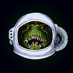 T-Rex head in space helmet on black bg
