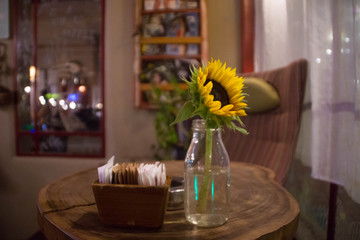 Sunflower in a bottle and sugar in a cozy cafe