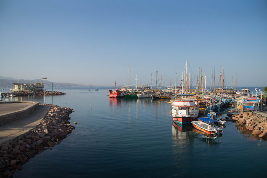 Boats in Eilat marina in the morning, Israel