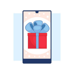 Winning the prize draw. Gift box on the smartphone screen.Flat linear stock vector illustration