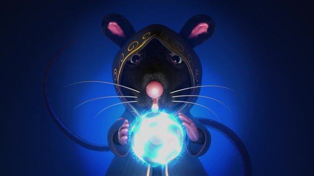 3d rendering motion looping scene of the wizard mice fortune teller with a magic crystal ball in dark blue scene with alpha channel in the end section.