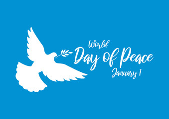 World Day of Peace vector. Dove of Peace vector. Dove silhouette on a blue background. Day of Peace Poster, January 1. Important day