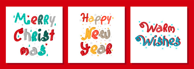 Creative holiday set of hand drawn lettering with congratulations. Winter postcard template. Colorful lettering phrases. Christmas and New Year vector illustrations