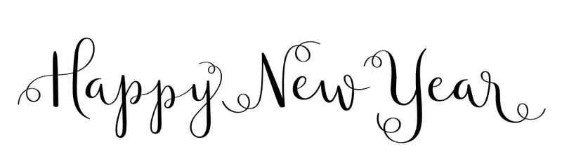 HAPPY NEW YEAR black vector brush calligraphy banner with flourishes