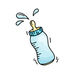 Tilted blue baby bottle with pacifier and flying milk drops. Cartoon doodle icon on white background. Isolated symbol of newborn feeding. Hand drawn vector illustration