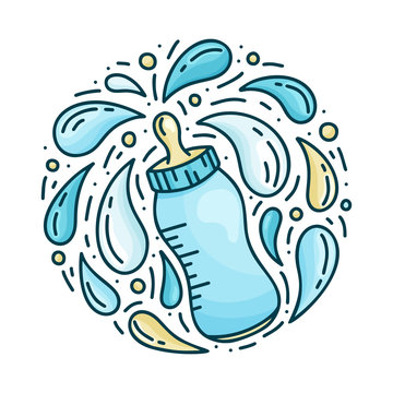 recommend clip art: Baby bottle with pacifier. Cartoon milk bottle with flying spray. Round doodle template for newborn feeding. Hand drawn vector concept. Blue illustration poster