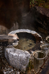 Hot spring with strainer for boiling egg