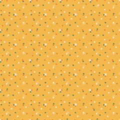Seamless pattern with tiny flowers on an orange background. Handwritten vector illustration.