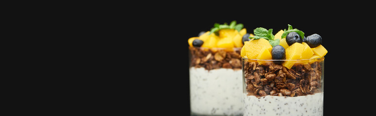 selective focus of fresh granola with canned peach, blueberries and chia seeds isolated on black, panoramic shot