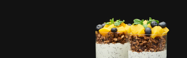 fresh granola with canned peach, blueberries and chia seeds isolated on black, panoramic shot