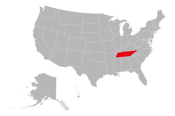 Tennessee marked red on US political map. Gray background. United States province.