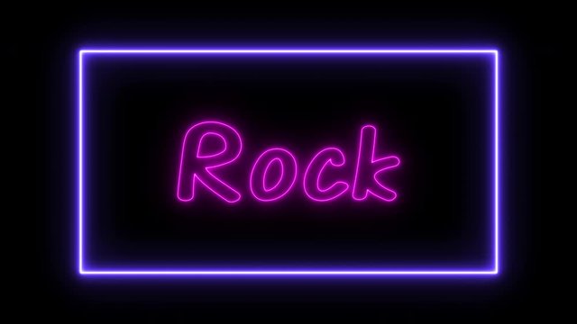 Rock music neon sign fluorescent light glowing on signboard background. Text free by rock club lights signboard in dark night. The best stock of rock festival neon flickering, flash, blinking color