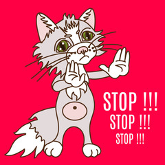 emoticon with a cool strict cat that shows the Stop gesture with two hands, color vector clip art on isolated background