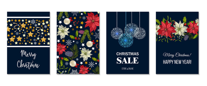 Christmas banners set with fir branches, poinsettia flowers, snowflakes