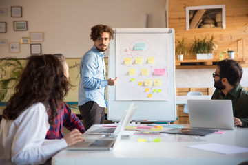 Startup leader drawing flowchart on board and discussing project with team. Business colleagues in...