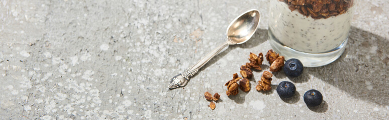 fresh granola with blueberries and chia seeds on grey concrete surface with spoonselective focus