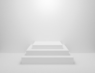 White podium sports awards. 3D rendering design for display and advertising product. Blank square pedestal isolated on light background. Geometric stage with steps. Empty platform for award ceremony.