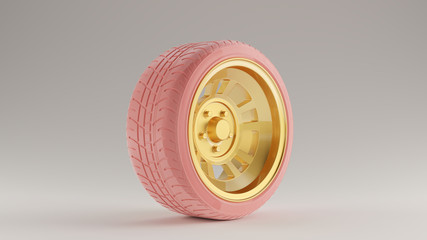 Pink an Gold Alloy Rim Wheel with a Retro Wheel with a Semi Closed Design with Racing Tyre 3d illustration 3d render