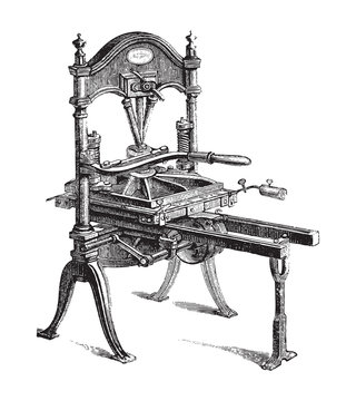 Old Printing Press / Vintage Illustration From Brockhaus Konversations-Lexikon 1908