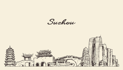 Suzhou skyline Jiangsu East China vector sketch