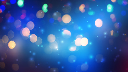 Blurred festive abstract background. Blurry bokeh lights, snowflakes, neon glow