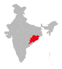 Orissa or Odisha state highlighted red on indian map vector. Light gray background. Perfect for business concepts, backdrop, backgrounds, label, sticker, chart etc.