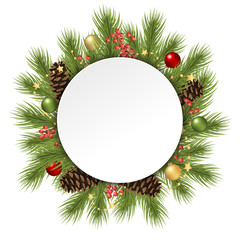 Fototapeta na wymiar christmas fir branches behind white empty frame